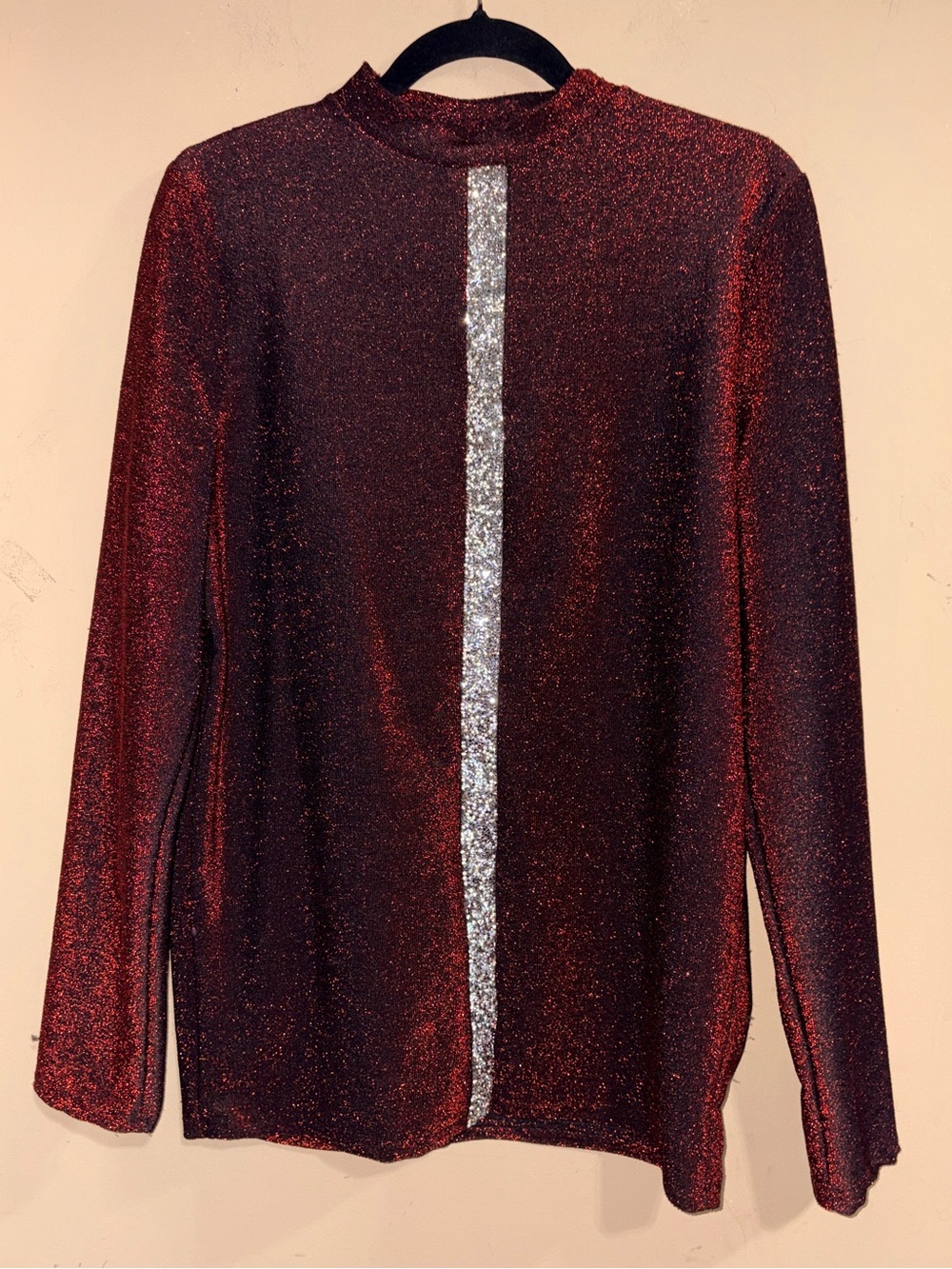 Sparkle Red Long-Sleeve Mock Neck Top with Silver Stripe XL